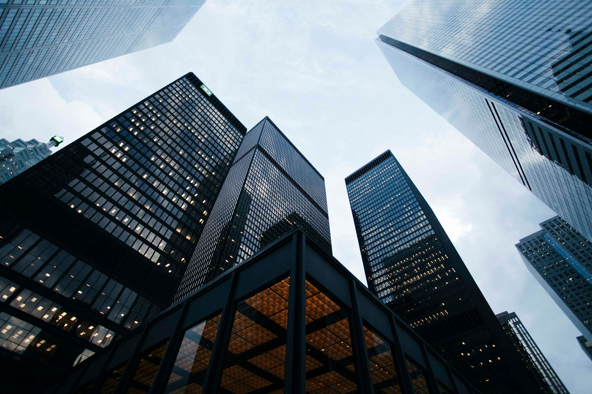 Modern corporate towers viewed from below